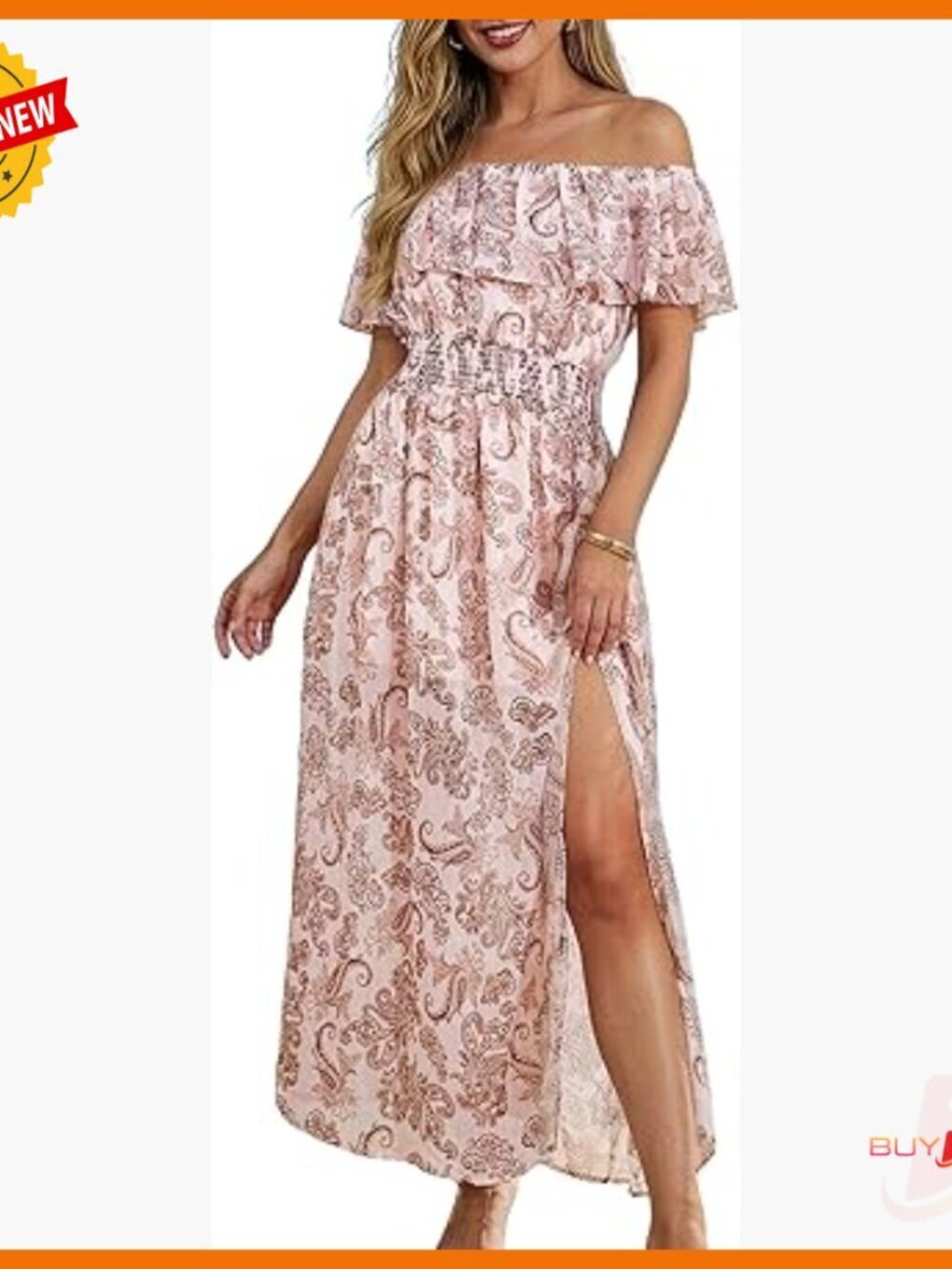 Off Shoulder Maxi Dress Floral Print Smocked Waist Slit Long Summer